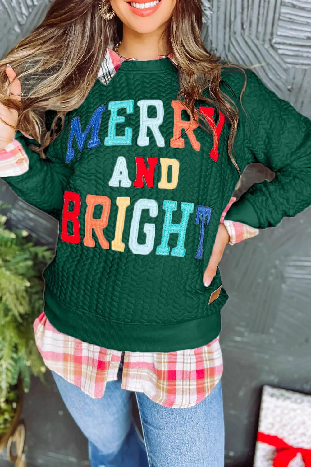 Blackish green merry and bright cable knit pullover sweatshirt - 2xl / 95% polyester + 5% elastane - sweatshirts &