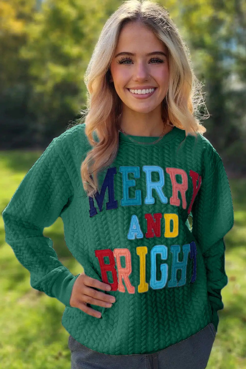 Blackish green merry and bright cable knit pullover sweatshirt - sweatshirts & hoodies