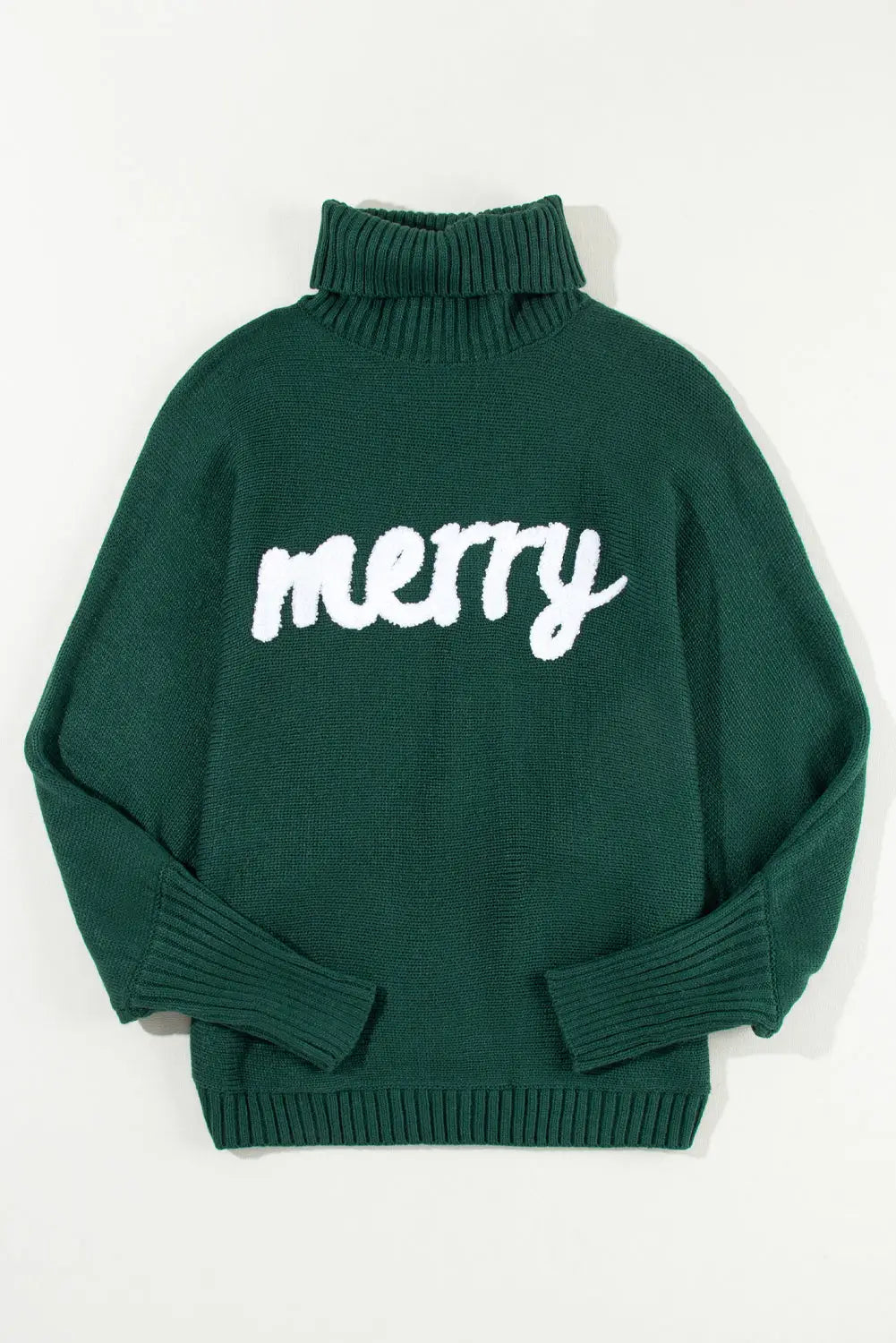 Blackish green merry letter embroidered high neck sweater - tops