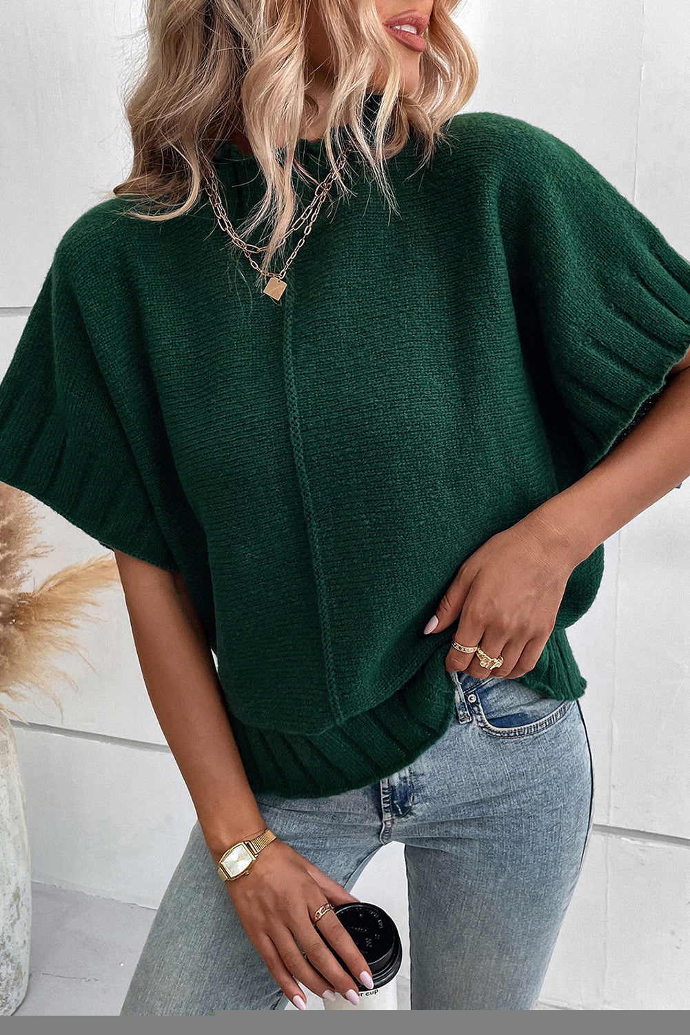 Blackish green mock neck batwing short sleeve knit sweater - l / 65% acrylic + 35% polyamide - sweaters & cardigans