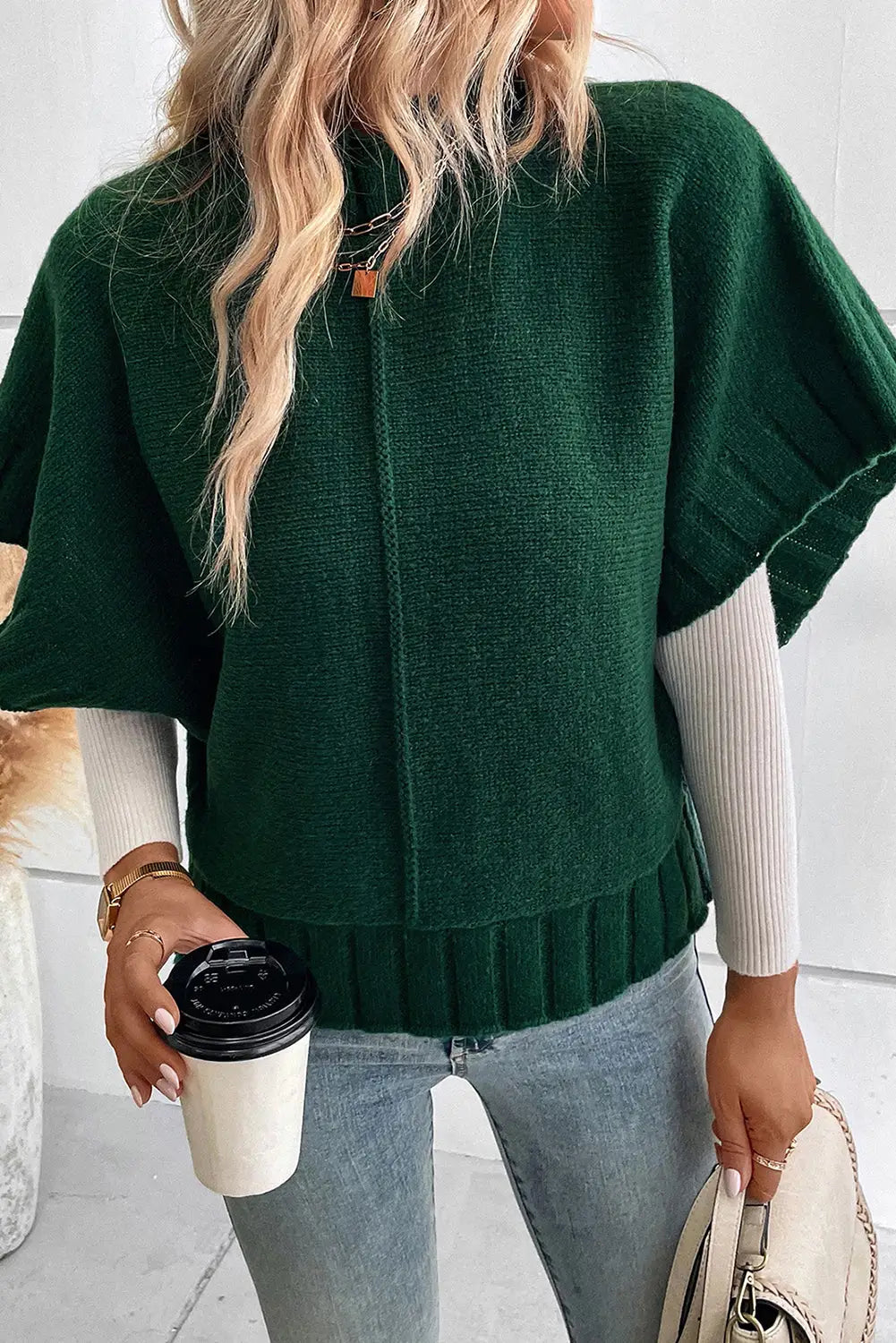 Blackish green mock neck batwing short sleeve knit sweater - sweaters & cardigans