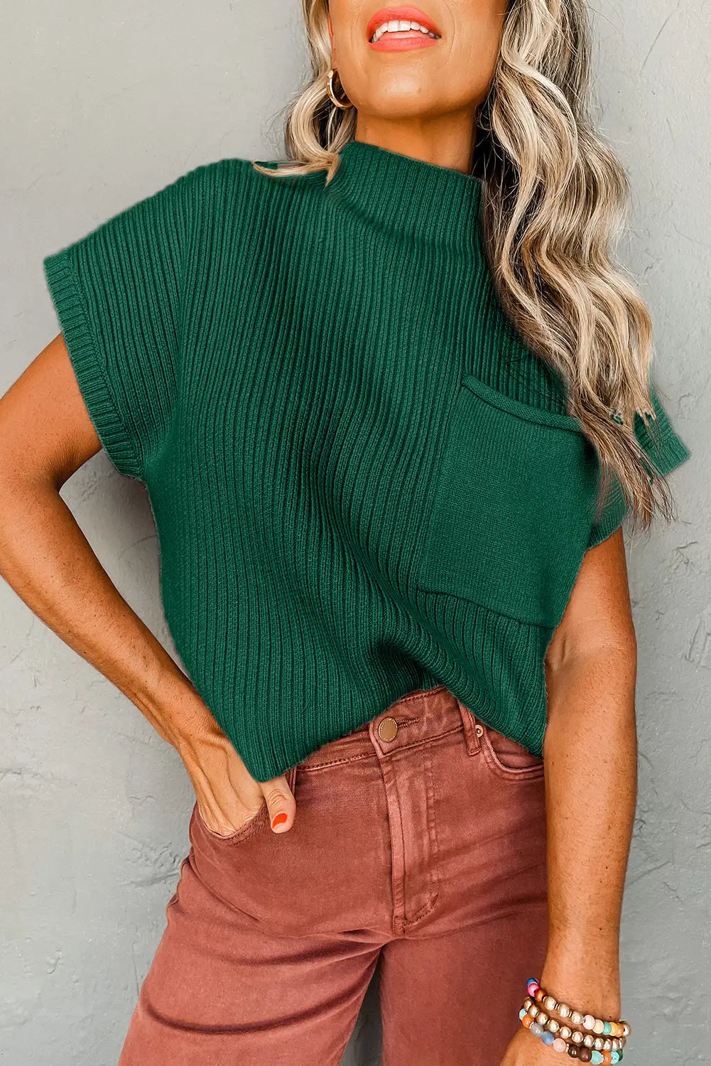 Blackish green patch pocket ribbed knit short sleeve sweater - 2xl / 50% viscose + 28% polyester + 22% polyamide