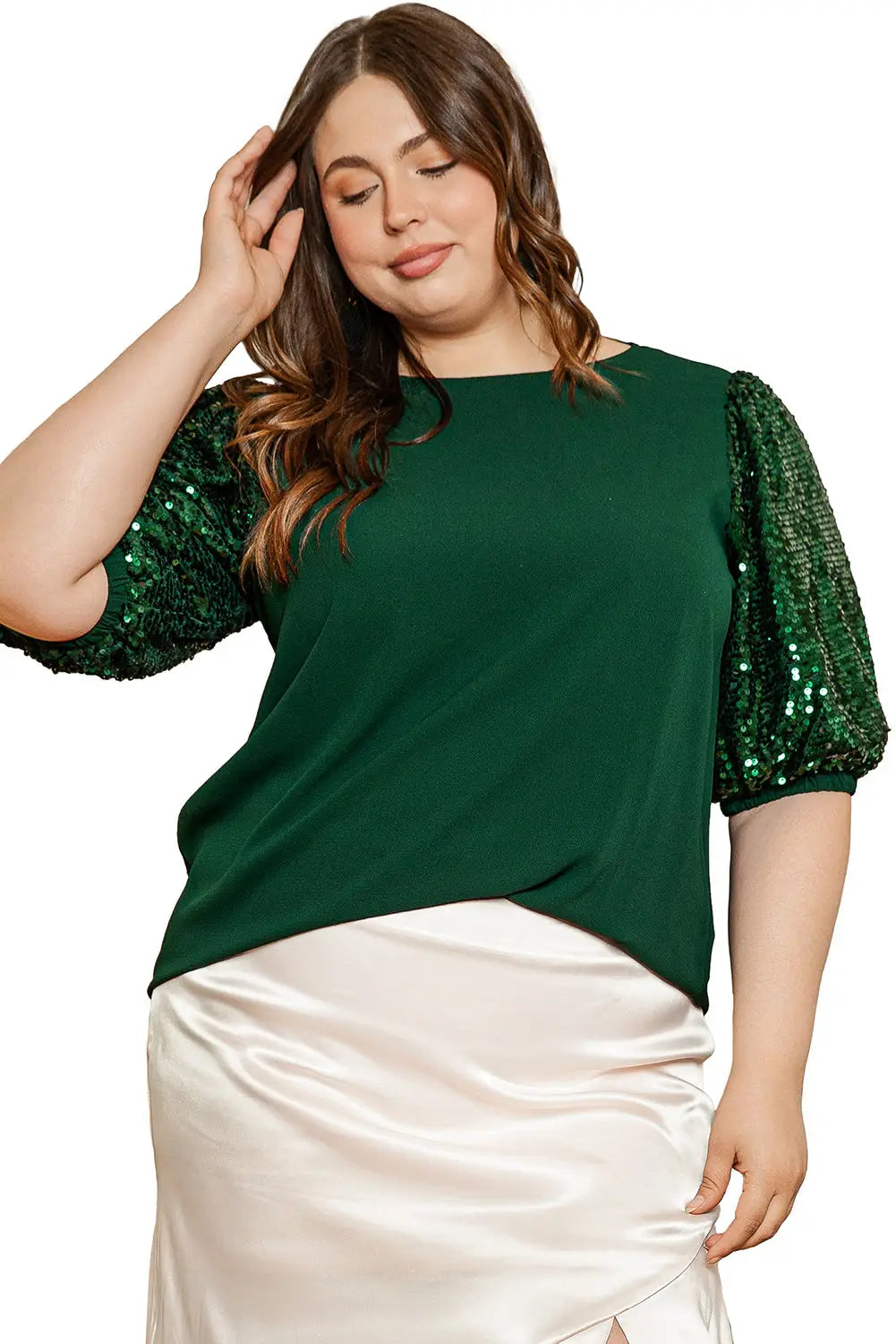 Blackish green plus size sequin short puff sleeve top