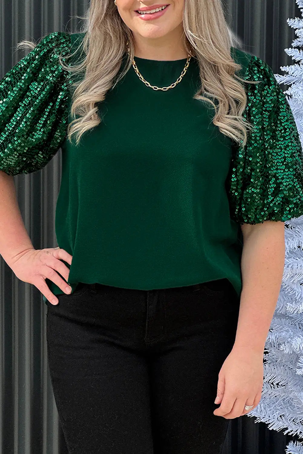 Blackish green plus size sequin short puff sleeve top - 1x / 100% polyester