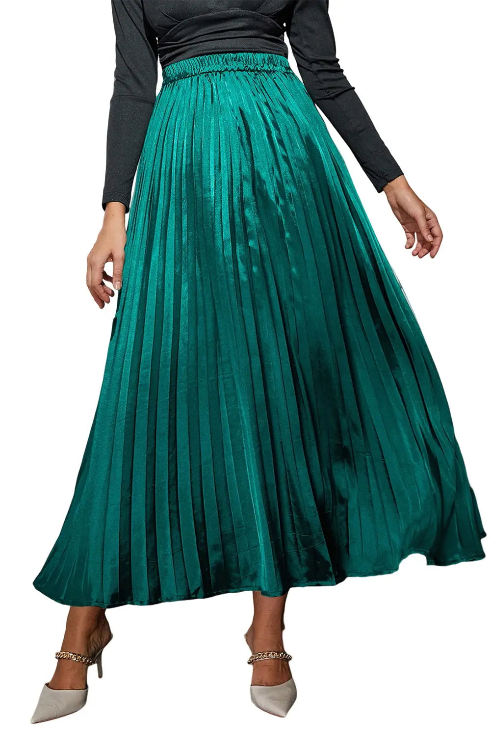 Blackish green satin elastic waist pleated maxi skirt - skirts