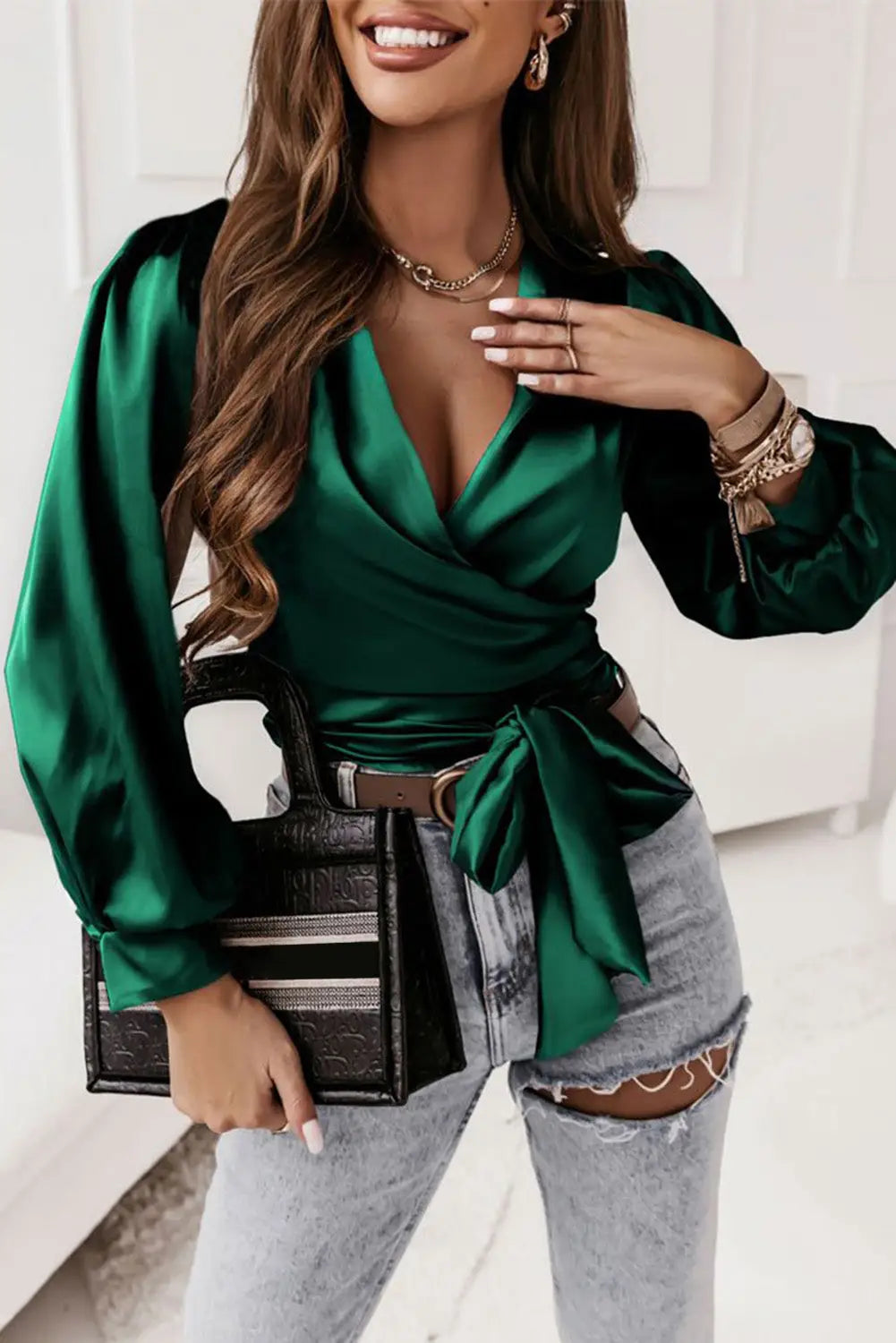 Blackish green satin surplice v neck knot blouse - s / 95% polyester + 5% elastane - blouses & shirts