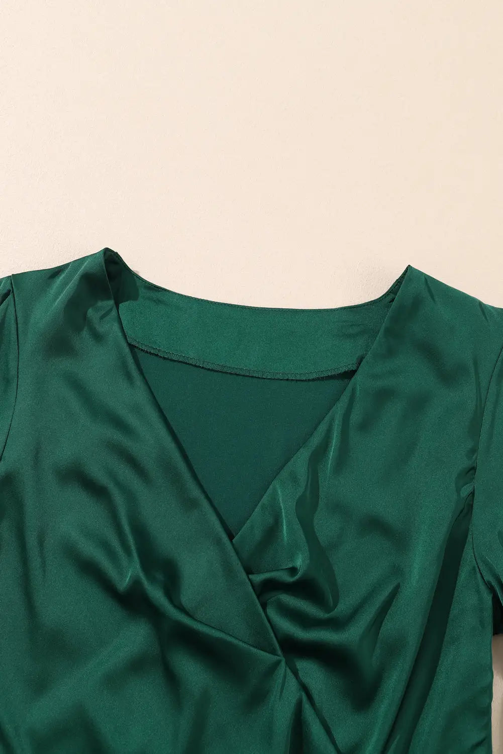 Blackish green satin surplice v neck knot blouse - blouses & shirts