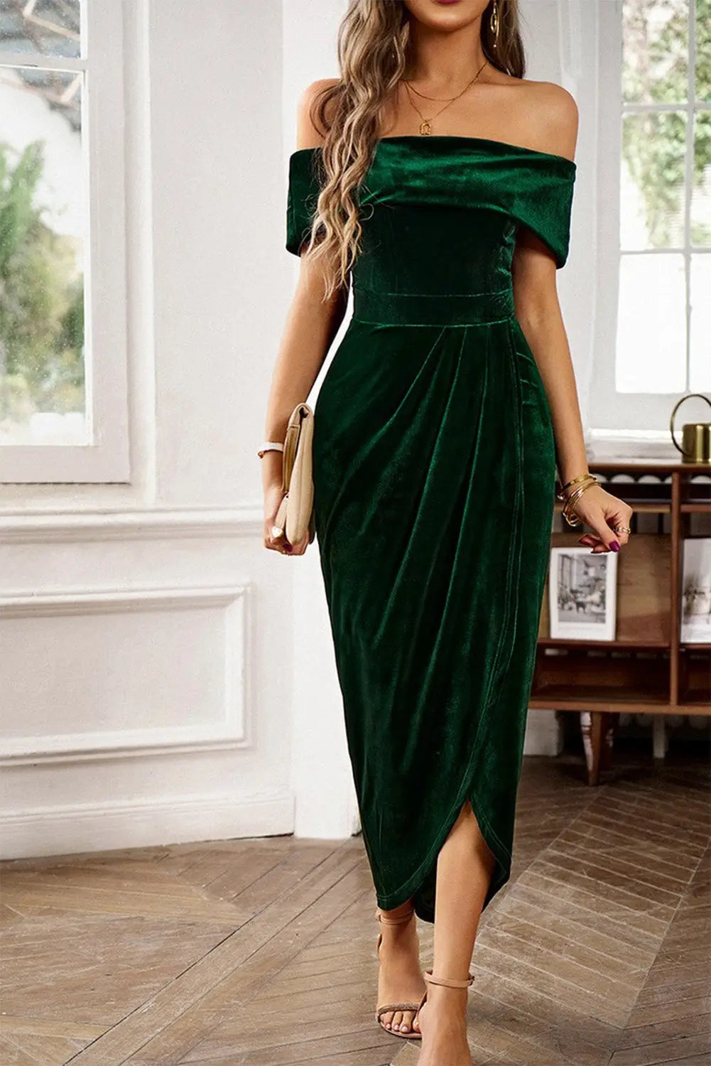Blackish green velvet off shoulder pleated wrap evening dress - dresses