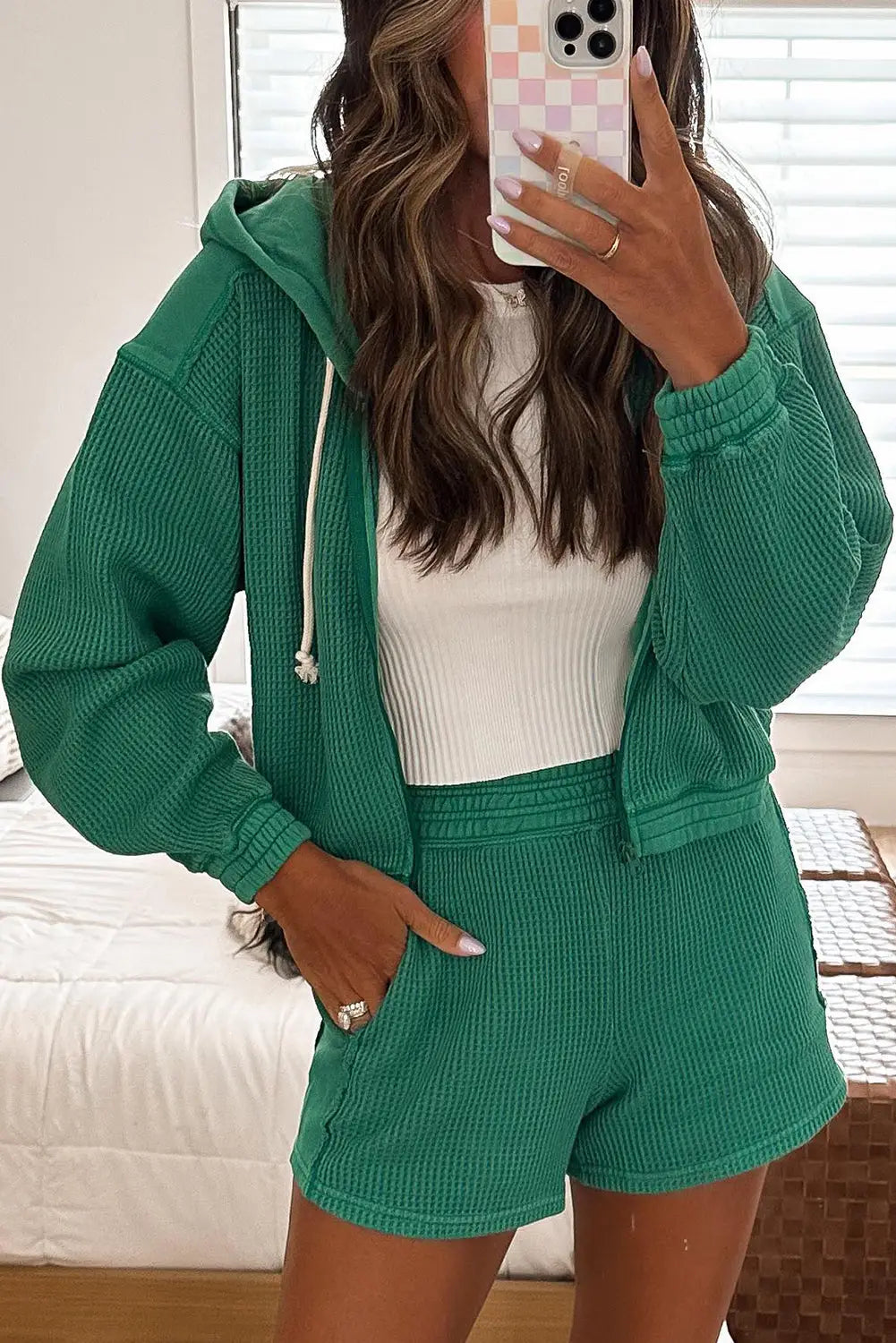 Blackish green waffle knit hooded jacket and shorts outfit - l / 75% polyester + 25% cotton - sets