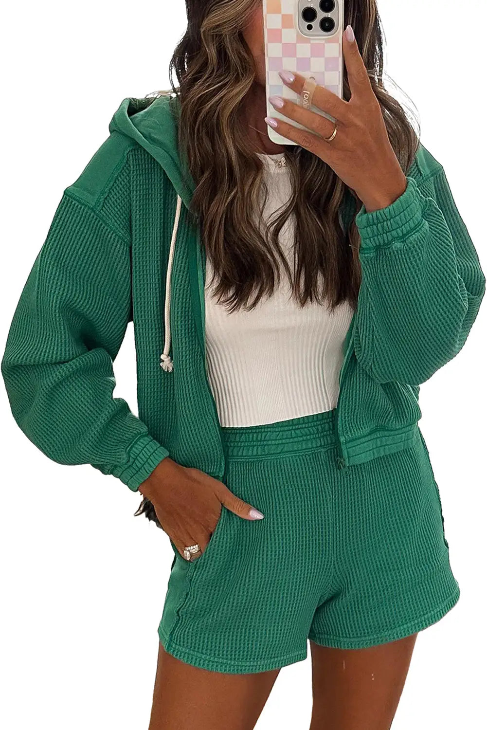 Blackish green waffle knit hooded jacket and shorts outfit - sets