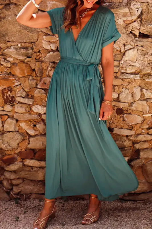 Blackish green wrap pleated short sleeve maxi dress - l / 100% polyester - dresses