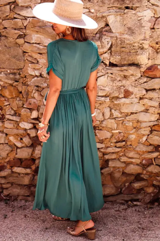 Blackish green wrap pleated short sleeve maxi dress - dresses