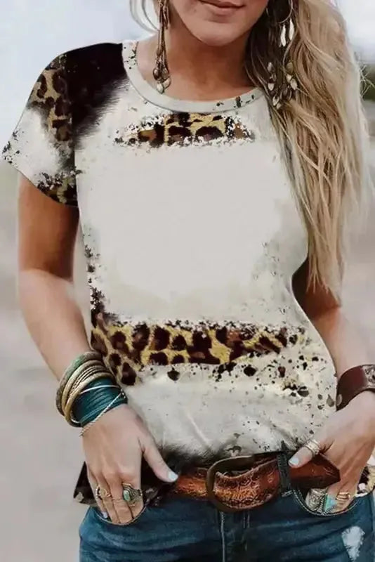 Bleached Leopard Short Sleeve Top - Fashionfitz