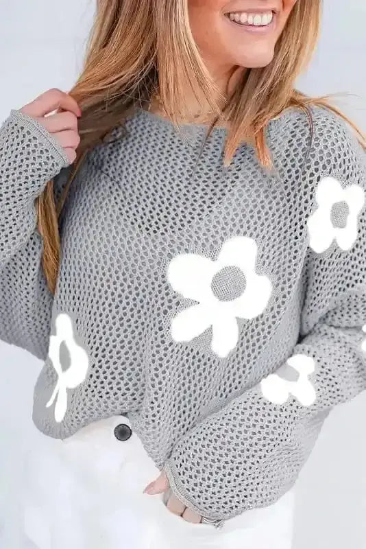 Light grey floral hollow knit drop shoulder sweater front view — Fashionfitz UK