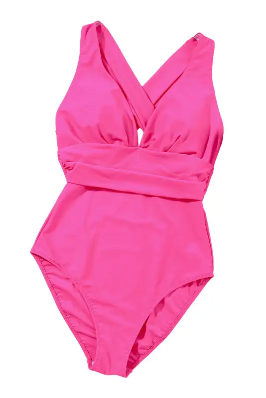 Rose red deep v neck swimsuit with wrapped waist and high cut for relaxed poolside look