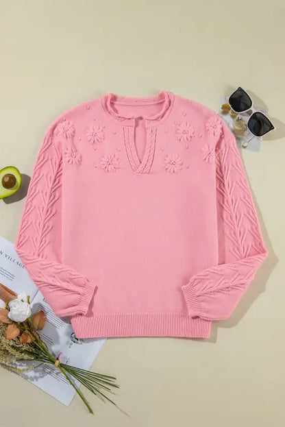 Blossom weave notched sweater - peach / s / 50% viscose + 28% polyester + 22% polyamide - sweaters & cardigans/sweaters