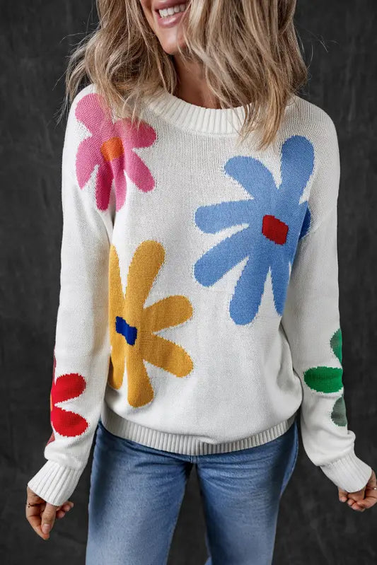 Blossom white floral crewneck sweater - cozy & stylish