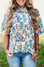Light Blue Abstract Print Puff Sleeve Mock Neck Blouse - Fashionfitz