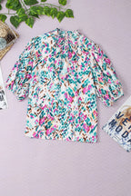 Light Blue Abstract Print Puff Sleeve Mock Neck Blouse - Fashionfitz