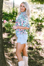 Light Blue Abstract Print Puff Sleeve Mock Neck Blouse - Fashionfitz