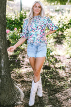 Light Blue Abstract Print Puff Sleeve Mock Neck Blouse - Fashionfitz