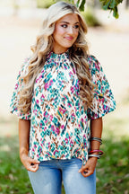Light Blue Abstract Print Puff Sleeve Mock Neck Blouse - Fashionfitz