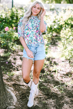 Light Blue Abstract Print Puff Sleeve Mock Neck Blouse - Fashionfitz