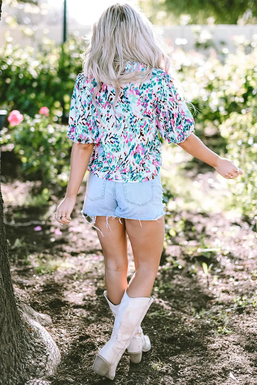 Light Blue Abstract Print Puff Sleeve Mock Neck Blouse - Fashionfitz