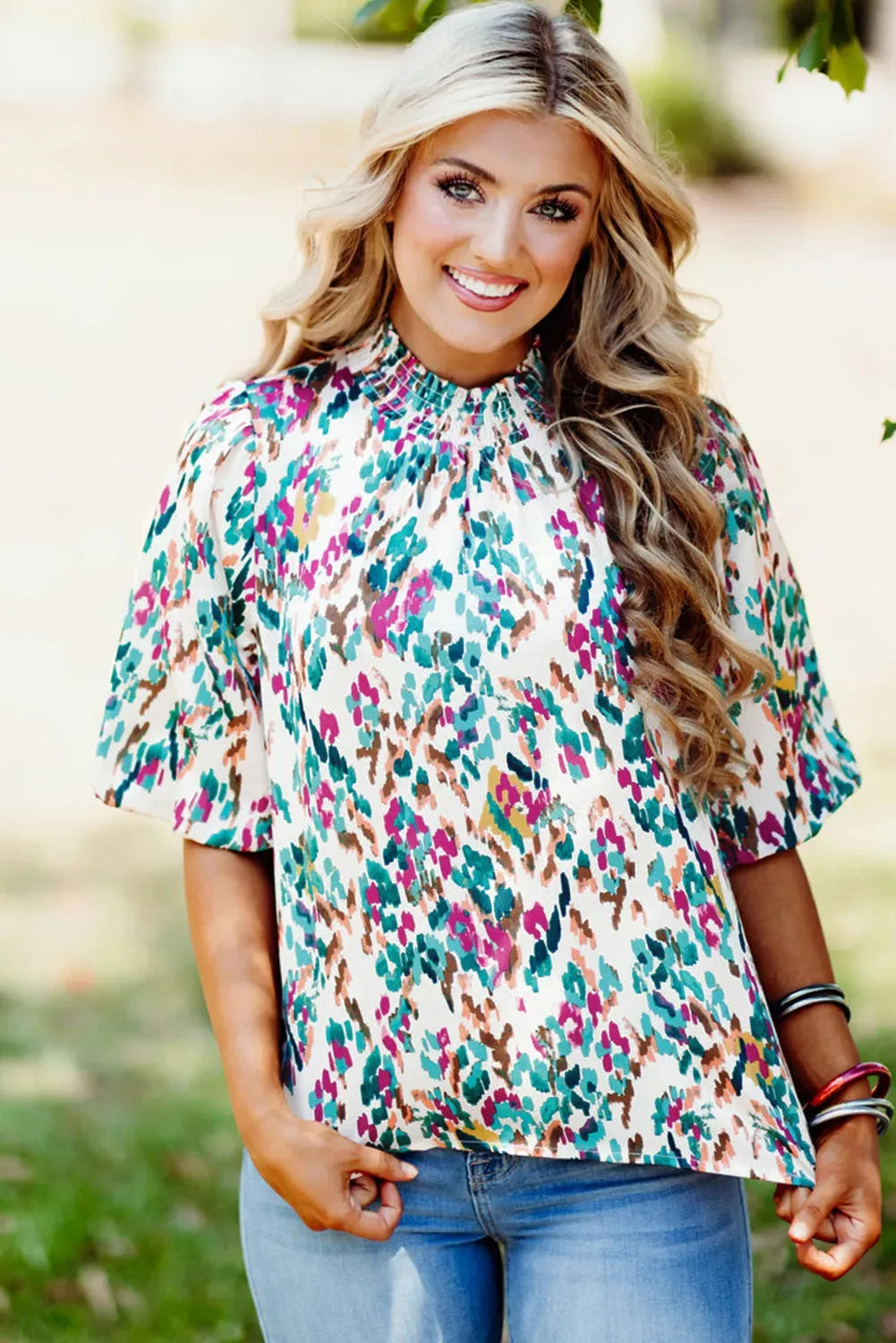 Light Blue Abstract Print Puff Sleeve Mock Neck Blouse - Fashionfitz