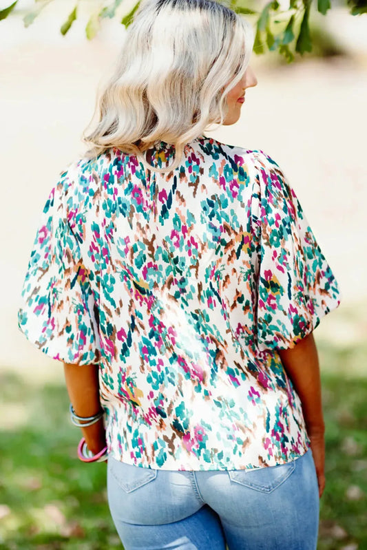 Light Blue Abstract Print Puff Sleeve Mock Neck Blouse - Fashionfitz