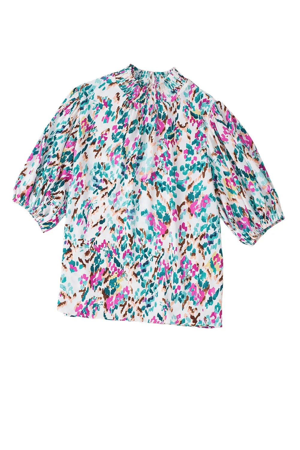 Light Blue Abstract Print Puff Sleeve Mock Neck Blouse - Fashionfitz