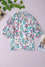 Light Blue Abstract Print Puff Sleeve Mock Neck Blouse - Fashionfitz