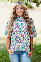 Light Blue Abstract Print Puff Sleeve Mock Neck Blouse - Fashionfitz