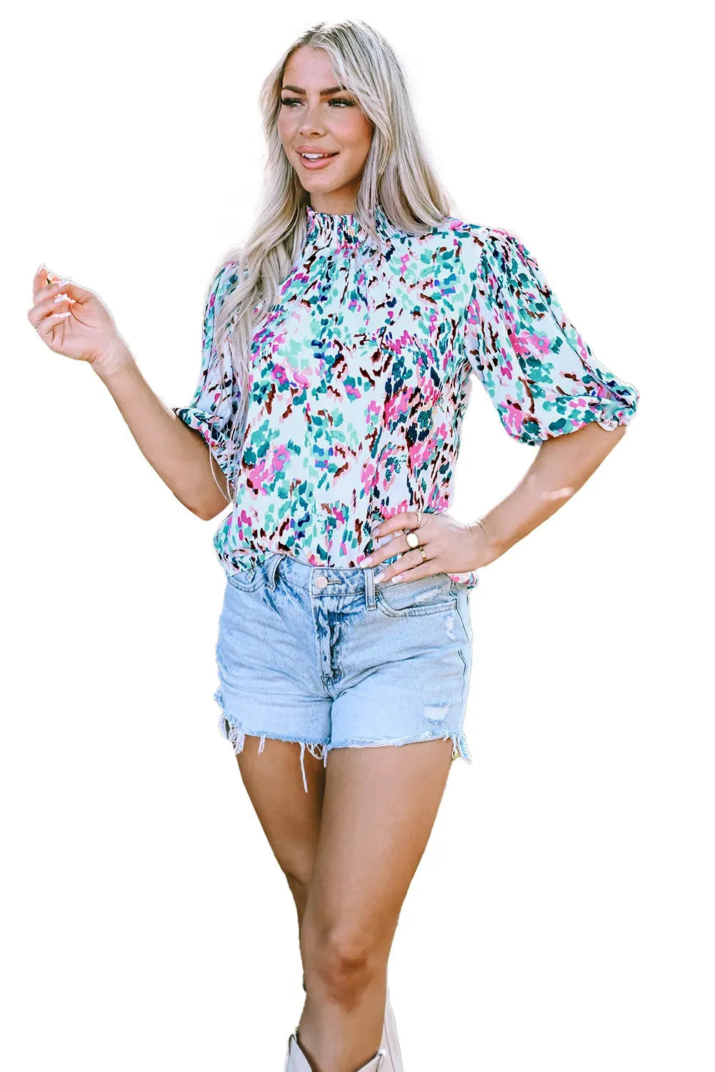 Light Blue Abstract Print Puff Sleeve Mock Neck Blouse - Fashionfitz