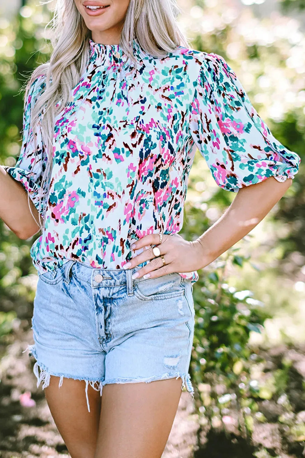 Light Blue Abstract Print Puff Sleeve Mock Neck Blouse - Fashionfitz