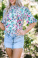 Light Blue Abstract Print Puff Sleeve Mock Neck Blouse - Fashionfitz
