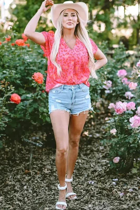 Pink Leopard V Neck Short Sleeve Blouse - Fashionfitz