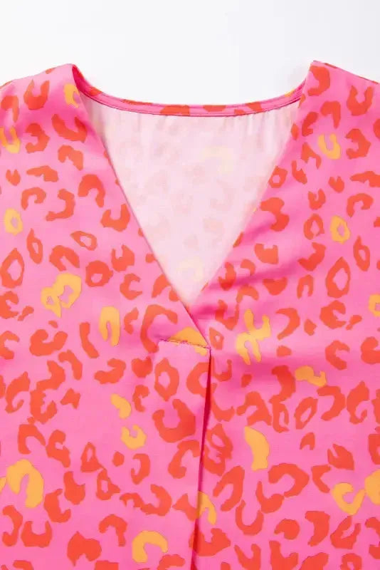 Pink Leopard V Neck Short Sleeve Blouse - Fashionfitz