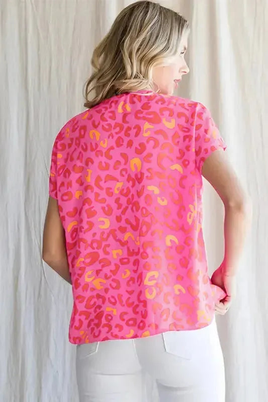 Pink Leopard V Neck Short Sleeve Blouse - Fashionfitz
