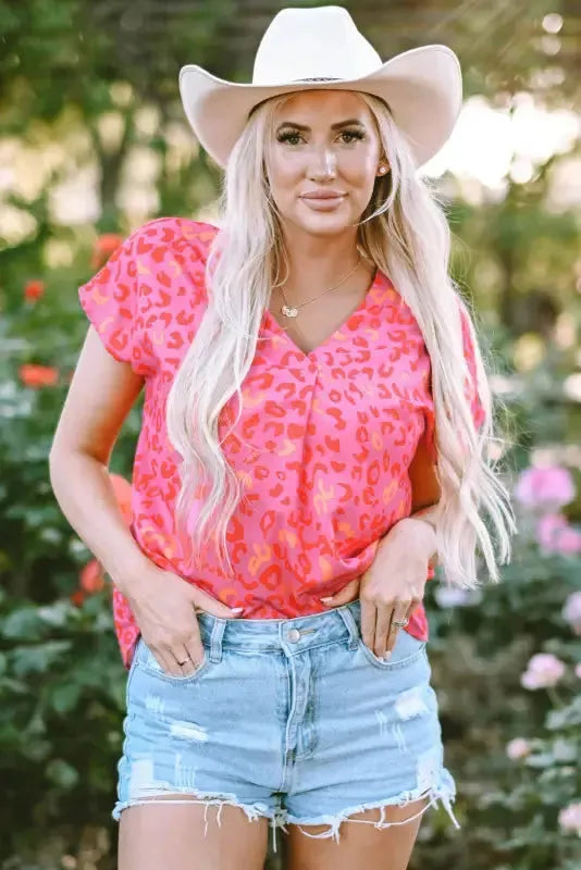 Pink Leopard V Neck Short Sleeve Blouse - Fashionfitz