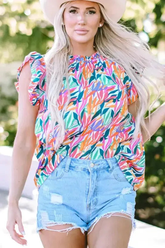Rose Red Floral Print Ruffled Flutter Sleeve Blouse - Fashionfitz
