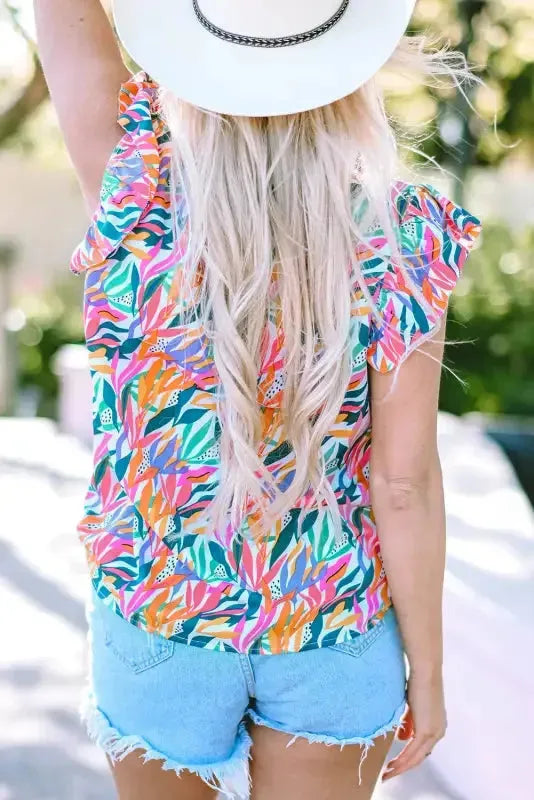 Rose Red Floral Print Ruffled Flutter Sleeve Blouse - Fashionfitz