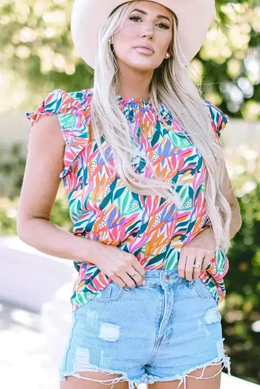 Rose Red Floral Print Ruffled Flutter Sleeve Blouse - Fashionfitz