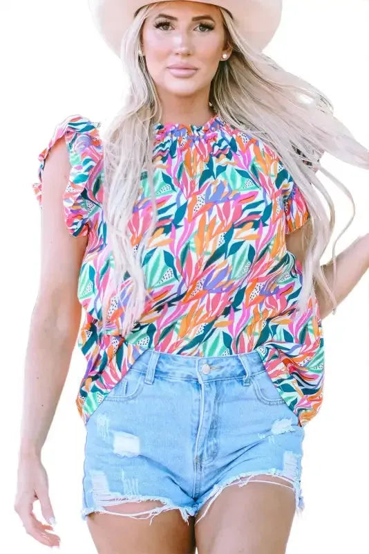 Rose Red Floral Print Ruffled Flutter Sleeve Blouse - Fashionfitz