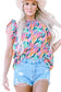 Rose Red Floral Print Ruffled Flutter Sleeve Blouse - Fashionfitz