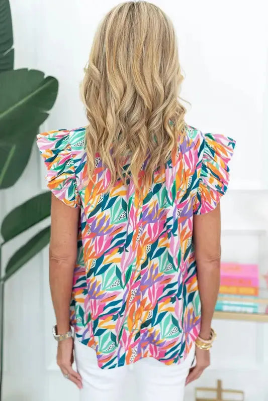 Rose Red Floral Print Ruffled Flutter Sleeve Blouse - Fashionfitz