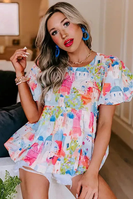Sky Blue Parisian Avenue Babydoll Top - Fashionfitz