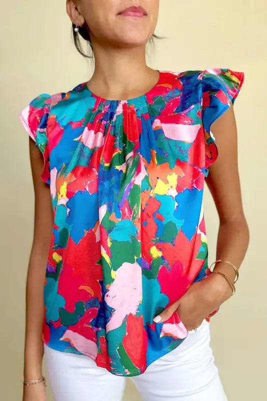 Blue abstract blouse - pleated neck flutter sleeve - floral blouses