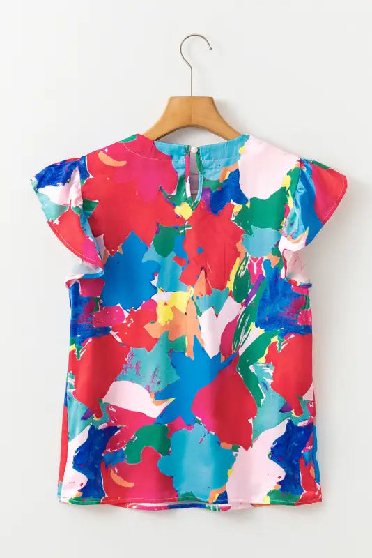 Blue abstract blouse - pleated neck flutter sleeve - floral blouses