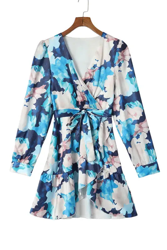 Blue abstract floral long sleeve tied ruffle dress - dresses